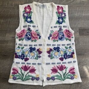Vtg Jantzen Grandma Sweater Vest Hand Embroidered Floral Cottagecore Granny Med